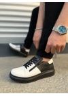 JY155 Warrior Bağcıklı ve Fermuarlı Cilt Erkek Günlük Sneaker Ayakkabı CST - Siyah/Beyaz