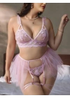 Kadın Büyük Beden Pembe Seksi Tasarım  Fantezi Jartiyer Takımı 8017