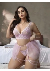 Kadın Büyük Beden Pembe Seksi Tasarım  Fantezi Jartiyer Takımı 8017