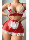 Kadın Kırmızı Fiyonklu Etekli Seksi Hizmetçi Kostümü 2125