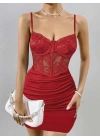 Kadın Kırmızı Transparan Karın ve Dantel Detaylı Gece Kıyafeti 5150