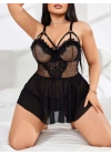 Kadın Nakışlı Siyah Gotik İp Askılı Büyük Beden Tüllü Transparan Fantezi Gecelik 8007