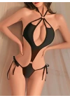 Kadın Siyah Fantezi Boyundan Bağlama Halka Detaylı Sexi Kostüm 2046