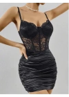 Kadın Siyah Zarif Kolsuz Elbise Seksi Dantelli Çiçek Desenli Fantezi Elbise 5149