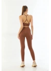 KAHVE MI Emay 3921 Soft Seamless Ripli Tayt Yoga Takımı