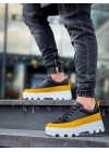 Kb-056 Kuback Siyah Sarı Detaylı Beyaz Yüksek Taban Günlük Erkek Spor Ayakkabı