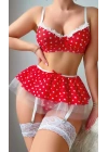 Kırmızı Puantiye Etekli Kadın Fantezi Seksi Kostüm 2076