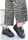 Leope Siyah Cilt Bağcıklı Kadın Spor Ayakkabı