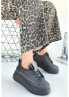 Leope Siyah Cilt Bağcıklı Kadın Spor Ayakkabı