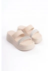 SARAH Düz Topuklu Taşlı Şeritli Kalın ve Ortopedik Taban Kadın Terlik  CKT - Krem