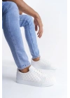 SLW166 Prestige Bağcıklı Cilt Kapitone Desenli Erkek Günlük Sneaker Ayakkabı CBT - Beyaz