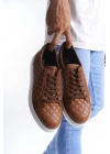SLW166 Prestige Bağcıklı Cilt Kapitone Desenli Erkek Günlük Sneaker Ayakkabı CBT - Taba