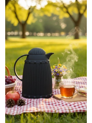 1 LT Isı Yalıtımlı Çay ve Soğuk Su Termosu Siyah (12 Saat Sıcak Tutar & İçi Camdır)