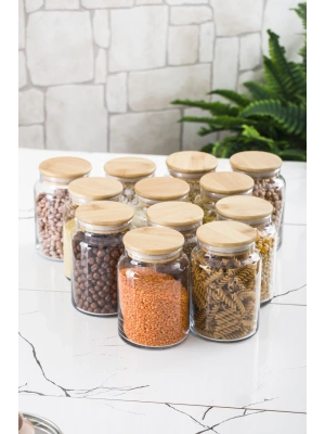 12 Lü Set Bambu Kapaklı Cam Kavanoz & Erzak Saklama Kabı 800 ml Orta  Boy ( Vakum Kapak )