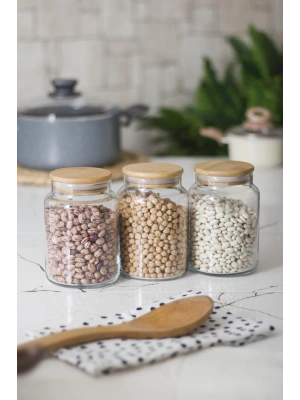 3 Lü Set Bambu Kapaklı Cam Kavanoz & Erzak Saklama Kabı 800 ml Orta  Boy ( Vakum Kapak )
