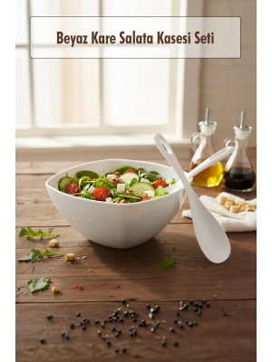 3,5 Lt Beyaz Akrilik Kare Salata ve Servis Kasesi Seti – 3 Parça