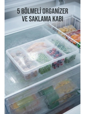 5 Bölmeli Şeffaf Buzdolabı İçi Düzenleyici & Kapaklı Dondurucu Saklama Kabı (24x38 cm)