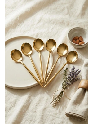 6lı Lüks Gold Paslanmaz Çelik Tatlı Kaşığı Seti (16 cm)