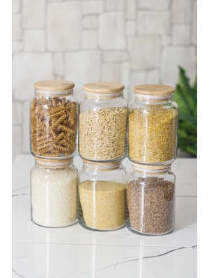 6 Lı Set Bambu Kapaklı Cam Kavanoz & Erzak Saklama Kabı 800 ml Orta  Boy ( Vakum Kapak )