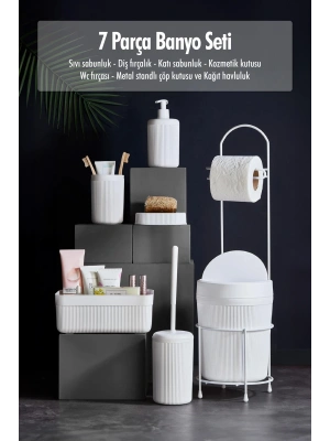 7 Parça Beyaz Banyo Seti Metal Stantlı Kovalı Wc Kağıtlık Kozmetik Kutusu Diş Fırçalık Ve Sabunlukla
