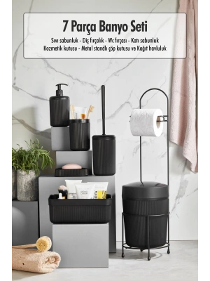 7 Parça Siyah Banyo Seti Metal Stantlı Kovalı Wc Kağıtlık Kozmetik Kutusu Diş Fırçalık Ve Sabunlukla