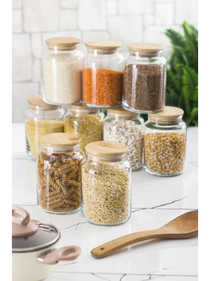 9 Lu Set Bambu Kapaklı Cam Kavanoz & Erzak Saklama Kabı 800 ml Orta  Boy ( Vakum Kapak )