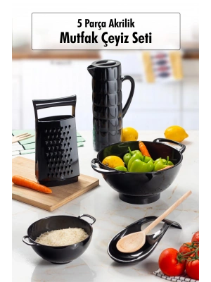 Akrilik Siyah 5 Parça Sürahi & Rende & Süzgeç & Mini Süzgeç & Kaşıklık & Mutfak Çeyiz Seti