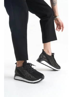 ALYA Bağcıklı Ortopedik Taban Taşlı Kadın Sneaker Spor Ayakkabı CBT - Siyah