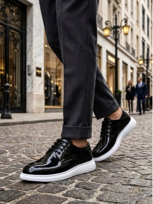 BA0003 Siyah Bağcıklı Rugan Beyaz Taban Erkek Klasik Ayakkabı