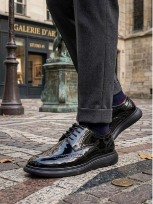 BA0003 Yeni Sezon Siyah Rugan Lüks Brouge Klasik Ayakkabı