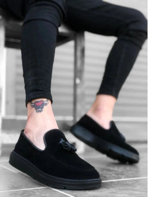 Ba0005 Bağcıksız Yüksek Taban Klasik Süet Siyah Siyah Taban Püsküllü Erkek Ayakkabı Erkek Klasik Ayakkabı