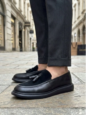 BA0005 Yeni Sezon Kalın Tabanlı Siyah Süet Makosen Ayakkabı