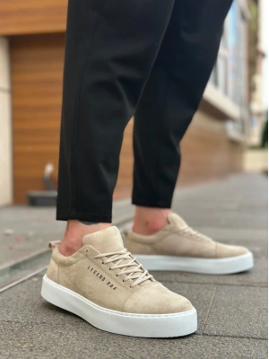 BA0104 Bağcıklı Krem Süet Beyaz Taban Spor Klasik Erkek Ayakkabı