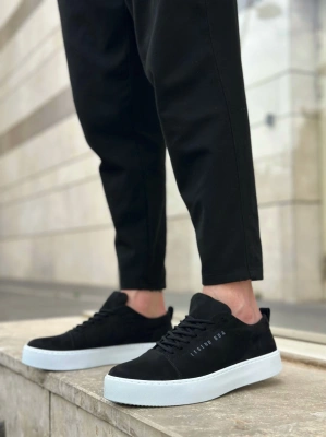 BA0104 Bağcıklı Siyah Süet Beyaz Taban Spor Klasik Erkek Ayakkabı