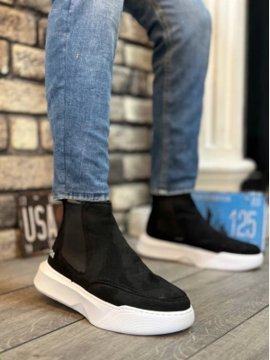 Ba0150 Bağcıksız Bantlı Erkek Yüksek Taban Yeni Süet Siyah Beyaz Taban Spor Erkek Bot