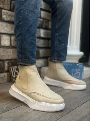 Ba0150 Bağcıksız Erkek Krem Süet Yüksek Taban Spor Erkek Bot