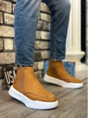 Ba0150 Bağcıksız Erkek Taba Süet Beyaz Yüksek Taban Spor Erkek Bot