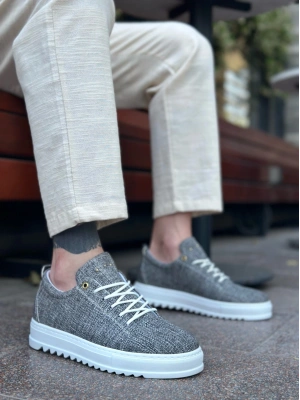 BA0152 Bağcıklı Yüksek Taban Gri Kırçıllı Keten Erkek Ayakkabı