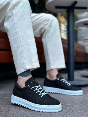 BA0152 Bağcıklı Yüksek Taban Siyah Keten Erkek Ayakkabı