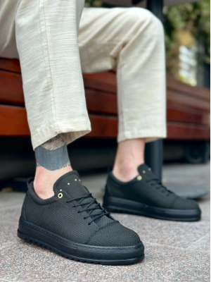 BA0152 Bağcıklı Yüksek Taban Siyah Keten Siyah Taban Erkek Ayakkabı