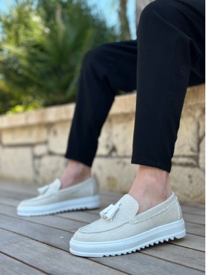 Ba0154 Bağcıksız Yüksek Taban Beyaz Keten Püsküllü Erkek Ayakkabı Erkek Günlük Ayakkabı