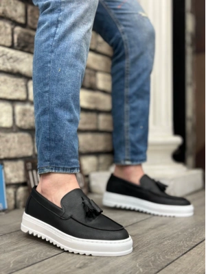 Ba0154 Bağcıksız Yüksek Taban Cilt Siyah Renk Beyaz Taban Püsküllü Erkek Ayakkabı Erkek Günlük Ayakkabı