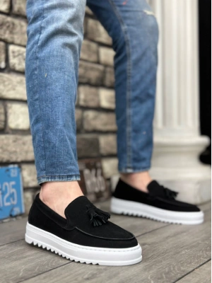 Ba0154 Bağcıksız Yüksek Taban Süet Siyah Renk Beyaz Taban Püsküllü Erkek Ayakkabı Erkek Günlük Ayakkabı