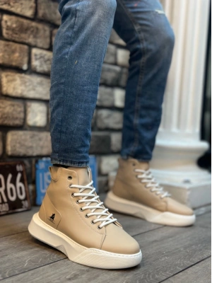 Ba0155 Bağcıklı Erkek Yüksek Taban Krem Beyaz Taban Spor Erkek Bot