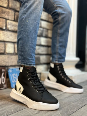 BA0155 Bağcıklı Erkek Yüksek Taban Siyah Beyaz Siyah Taban Spor Bot