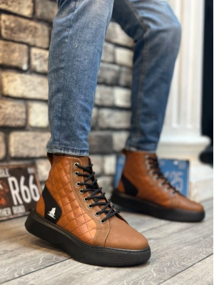 BA0159 Bağcıklı Koyu Taba Kapitone Erkek Yüksek Taban Spor Bot