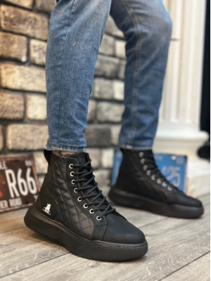 Ba0159 Bağcıklı Siyah Kapitone Erkek Yüksek Taban Spor Erkek Bot