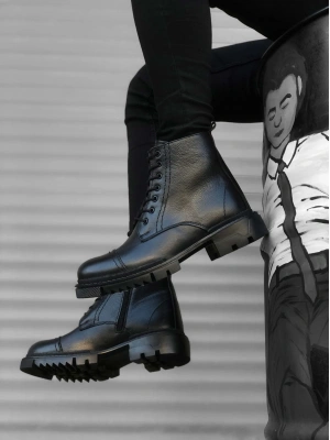 Ba0187 İçi Dışı Hakiki Deri Siyah Erkek Fermuarlı Yarım Erkek Bot