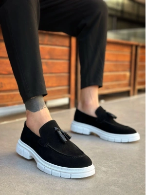 BA0240 Klasik Parlak Püsküllü Süet Siyah Beyaz Taban Erkek Ayakkabı