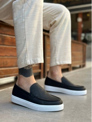 BA0241 Bağcıksız Yüksek Taban Siyah Beyaz Taban Cilt Erkek Ayakkabı